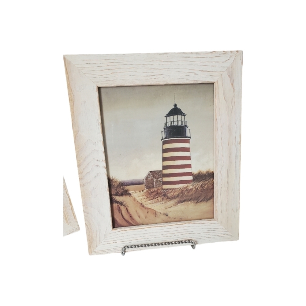 Vintage White Wash Framed Lighthouse Print Nautical Beach Ocean Themed Picture